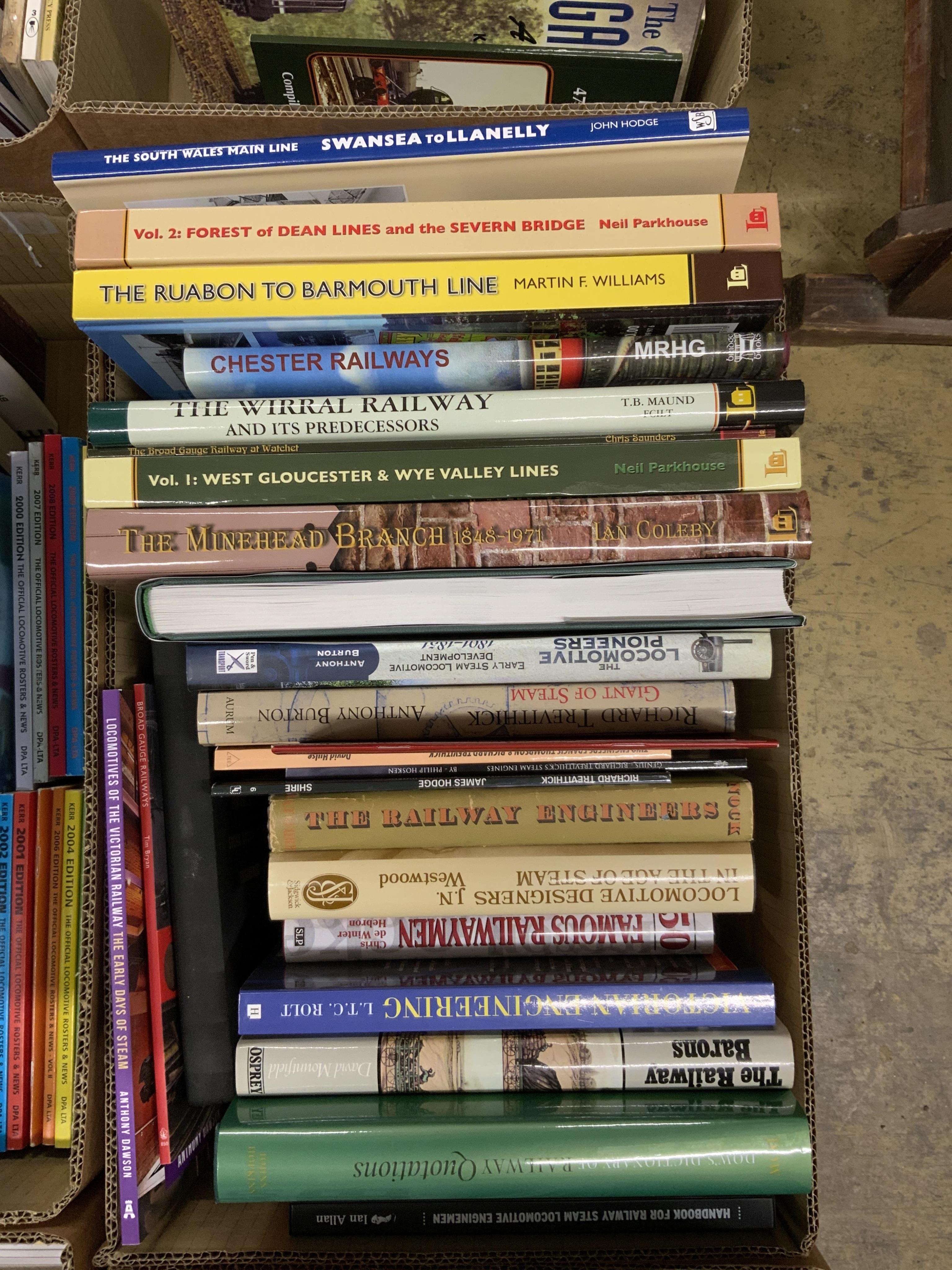 Eight boxes of railway related books, subjects include; the Great Western Railway, industrial locomotives, North British Railway, the Ffestiniog Railway, etc. publishers include; Oakwood Press, Pen & Sword, Ian Allan, Da